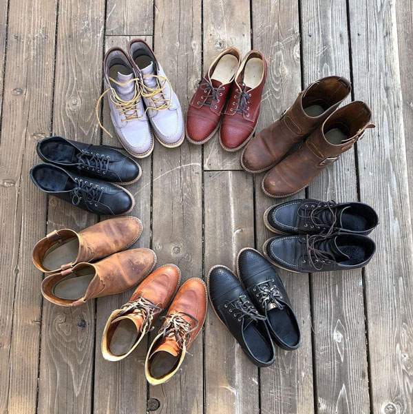 various Red Wing style boots fanned in a circle