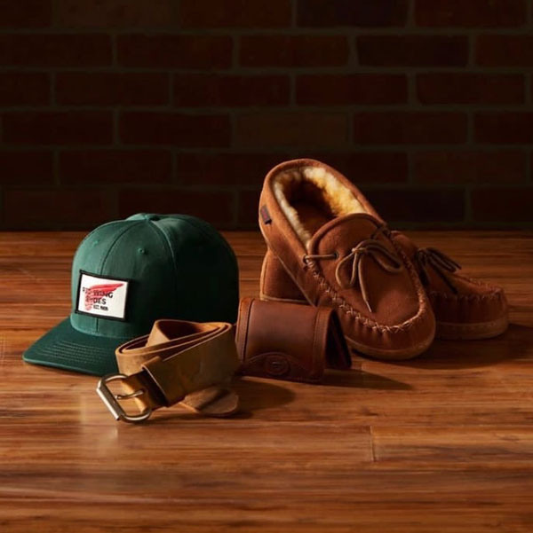 hat, belt, and shoe display of Red Wing accessories